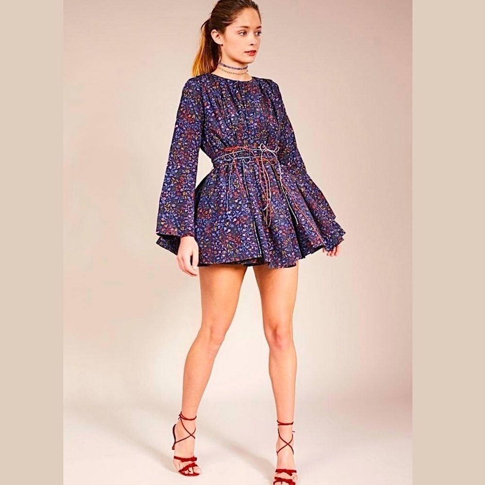 New Elliette Tate Silk Cotton Blue Floral Babydoll Mini Dress 4 Party Wedding